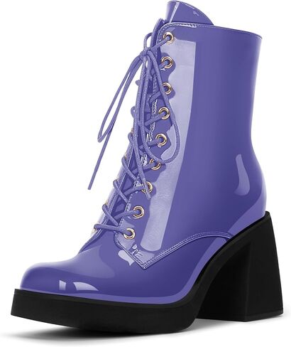 Women's Chunky Heel Square Toe Platform Ankle Boots Lace Up Booties in Saudi Arabia