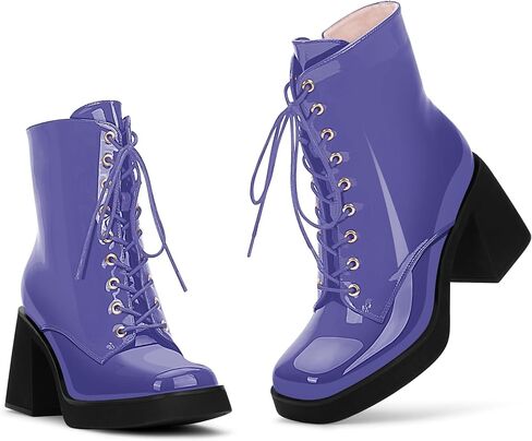 Women's Chunky Heel Square Toe Platform Ankle Boots Lace Up Booties in Saudi Arabia