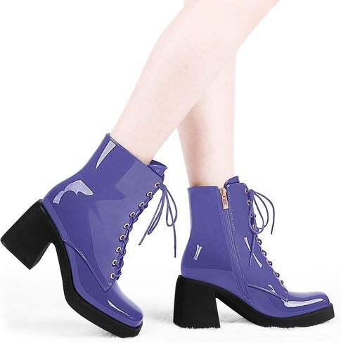 Women's Chunky Heel Square Toe Platform Ankle Boots Lace Up Booties in Saudi Arabia
