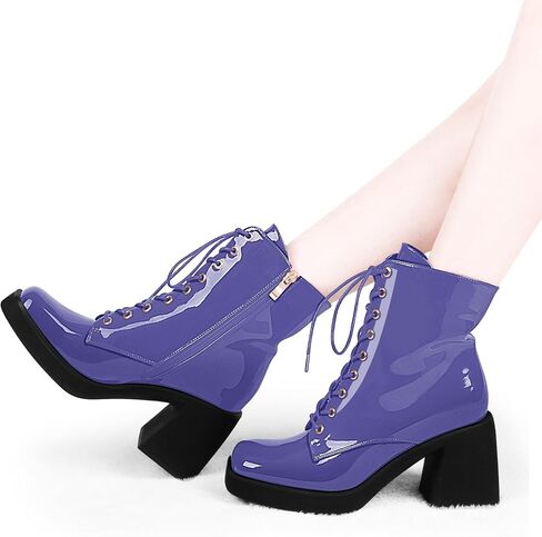 Women's Chunky Heel Square Toe Platform Ankle Boots Lace Up Booties in Saudi Arabia