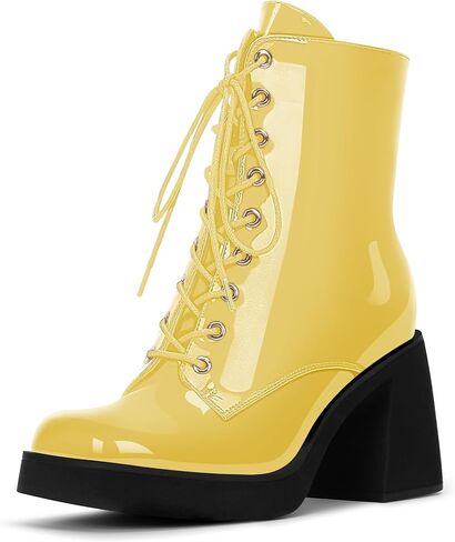 Women's Chunky Heel Square Toe Platform Ankle Boots Lace Up Booties in Saudi Arabia
