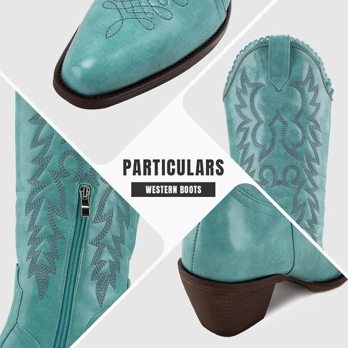 GORBINETI Women's Cowboy Boots, Faux Suede Mid Calf Western Boots | Vintage Embroidered Cowgirl Style, Pull-On Design, Almond Toe, Chunky Block Heel, Concert, Festival and Party Wear in Saudi Arabia