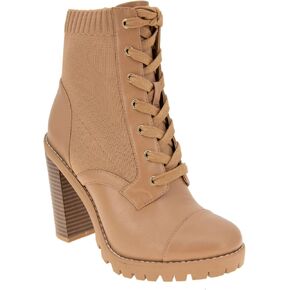 BCBGeneration Womens Beige 1-1/2" Platform Padded Stretch Pilas Round Toe Stacked Heel Zip-Up Heeled Boots 8 M