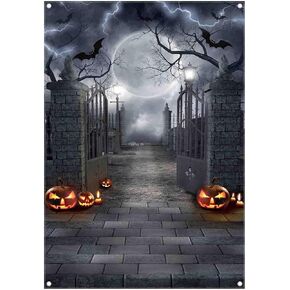 5x7ft Fabric Halloween Full Moon Night Backdrop Pumpkin Scary Graveyard Photography Background Spooky Party Decorations Banner Photo Booth Props