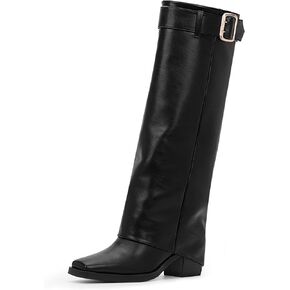 Women's Fashion Fold Over Knee-High Boots Closed Toe Chunky Heel Slip On Dress Boots With Buckle