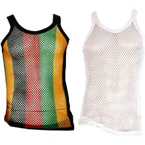 Mens Fitted String Mesh Vest Muscle Fishnet Cotton Rasta Black Red Green Yellow