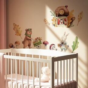 Watercolor Large Mushroom House Wall Decals Peel and Stick, Transparent PVC Rabbits Wall Stickers for Girls Bedroom Playroom Kids Room, Flower Wall Decal Decor