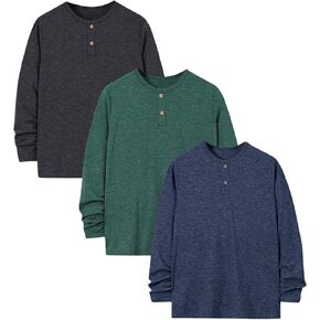 MakeMeChic Boy's 3 Pack T Shirt Long Sleeve Round Neck Button Front Tee Shirts Set