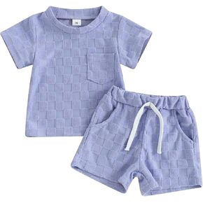 Unisex Toddler Baby Boy Girl Summer Clothes Short Sleeve T-Shirt+Shorts Checkerboard Two Piece Solid Outfit Set in Kuwait