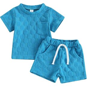 Unisex Toddler Baby Boy Girl Summer Clothes Short Sleeve T-Shirt+Shorts Checkerboard Two Piece Solid Outfit Set