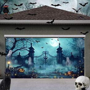 Halloween Garage Door Cover Decorations Backdrop 7x16ft Large Halloween Garage Door Banner Scary Graveyard Hanging Halloween Garage Door Banner Photography Background Outdoor Halloween Garage Decor