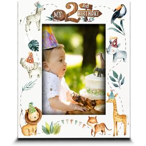 BELLA BUSTA--My 2nd Birthday Picture Frame -Second Birthday Baby Boy Girl Safari Animals Theme -Lions, Elephants and Giraffes-UV Print (Safari (5x7 Vertical))