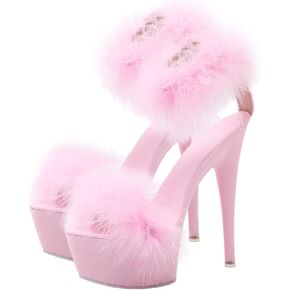 LIFKOME 1pair Super High Heel Fur Shoes Ankle Strap Sandals White Heels Leather Heeled Sandals Faux Platform Sandles for Women Sandals Mules Miss Sole: Rubber Stiletto