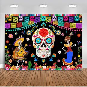 Mocsicka Day of The Dead Backdrop 7x5ft Mexican Sugar Skull Flowers Photography Background Dia DE Los Muertos Dress-up Party Supplies Skull Floral Photo Booth Backgrounds