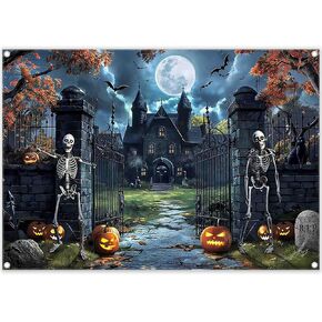 7x5ft Fabric Castle Halloween Backdrop Full Moon Night Scary Skeleton Pumpkin Bat Haunted House Photography Background Spooky Party Decor Photo Props