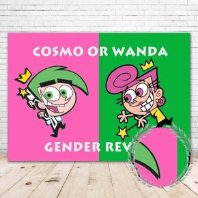 Cosmo or Wanda Gender Reveal Decorations 7x5FT Vinyl Cosmo or Wanda Baby Shower Backdrop Birthday Party Supplies Cake Table Room Wall Decor Picture Photoshoot