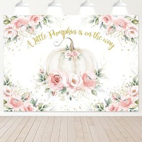 Mocsicka Pumpkin Baby Shower Backdrop Blush Pink Floral Pumpkin Baby Shower Background Little Pumpkin Girl Baby Shower Party Cake Table Decoration Banner Photo Booth Props (7x5ft)