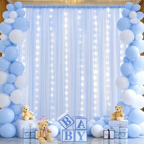 10x10ft Ivory Chiffon Backdrop Curtain with Twinkle Lights for Wedding Parties Baby Shower, Tulle Backdrop Curtains for Birthday Party Photo Shoot Decorations (5×10ft, 2 Panels)