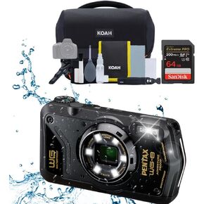 Pentax WG-8 All-Weather Camera with Heavy-Duty Construction and 5X Optical Zoom Lens (Black) Bundle with Street Camera System Gadget Bag and 64GB Extreme Pro SDXC UHS-I Memory Card (3 Items)