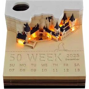 2024 Desk Calendar Memo Pad, Gonoce 3D Magic Castle Creative Time Piece Notepad with Lights and Pen Holder, 3D Memo Pad Decoration Gift