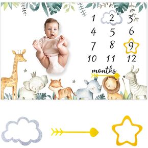 CSFOTO Jungle Animals Baby Monthly Milestone Blanket Tropical Plants Safari Themed Newborn Photography Props Neutral Personalized Shower Present Boys and Girls Recording Blanket 60"x40" with Frame