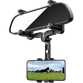 Phone Mount for Car, Rear View Mirror Phone Holder, 360 Rotatable and Retractable Phone Holder for Trucks/Bus/SUV/MPV Compatible, with iPhone iOS Android All 4-7 in Cell Phones, Black