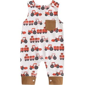 Infant Boys Truck Jumpsuit Sleeveless Pumpkin Print Overalls One Piece Rompers Halloween Baby Clothes
