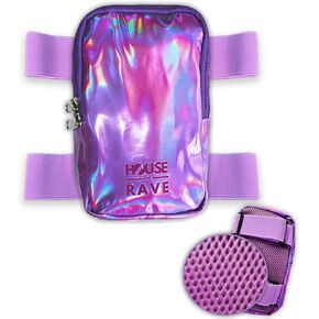 Holographic Thigh Bag w/Inner Pockets & Mesh Backing - Double Zipper Carnival Thigh Bag for Women - Iridescent Leg Bag - Reflective Phone Holder (Pink O)