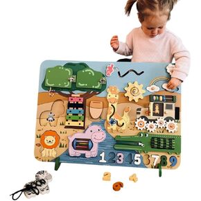 Busilly™ Safari Busy Board for Toddlers and Babies, Montessori Activity Board for 2, 3 Year Old Boys and Girls, Sensory Board, Activity Cube, Wooden Toys, Development Toys, Educational Toys