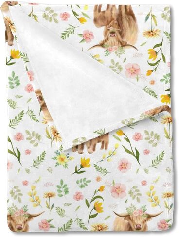 Highland Cow Boho Floral Baby Blanket Girls Boy Gift Farm Cow Yak Retro Flowers Flannel Swaddle Blanket Soft Receiving Cover Kids Nursery Bed Throw Stroller Crib Shower Gifts 30x40 in Saudi Arabia