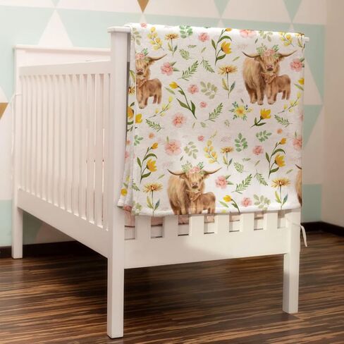 Highland Cow Boho Floral Baby Blanket Girls Boy Gift Farm Cow Yak Retro Flowers Flannel Swaddle Blanket Soft Receiving Cover Kids Nursery Bed Throw Stroller Crib Shower Gifts 30x40 in Saudi Arabia