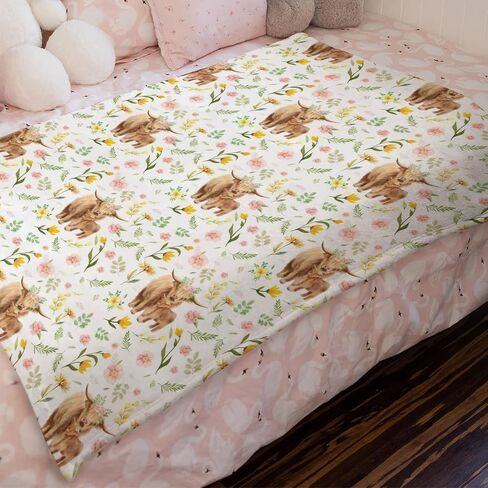 Highland Cow Boho Floral Baby Blanket Girls Boy Gift Farm Cow Yak Retro Flowers Flannel Swaddle Blanket Soft Receiving Cover Kids Nursery Bed Throw Stroller Crib Shower Gifts 30x40 in Saudi Arabia