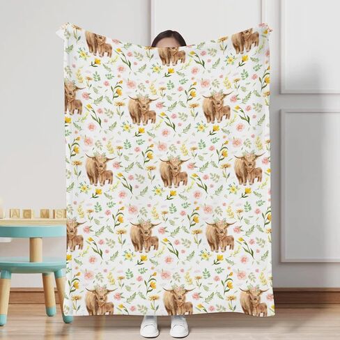 Highland Cow Boho Floral Baby Blanket Girls Boy Gift Farm Cow Yak Retro Flowers Flannel Swaddle Blanket Soft Receiving Cover Kids Nursery Bed Throw Stroller Crib Shower Gifts 30x40 in Saudi Arabia