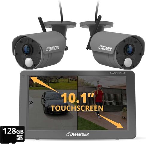 Defender Phoenix HD Wireless Security Camera System with 10.1" Touchscreen Monitor, 2 HD Outdoor Security Cameras, No WiFi Required, Includes 32GB SD Card, Extra 15ft Extension Cable & 2 Year Warranty in Saudi Arabia