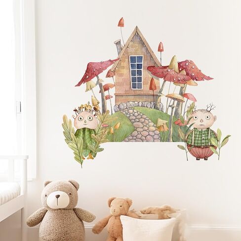 Watercolor Large Mushroom House Wall Decals Peel and Stick, Transparent PVC Rabbits Wall Stickers for Girls Bedroom Playroom Kids Room, Flower Wall Decal Decor in Saudi Arabia