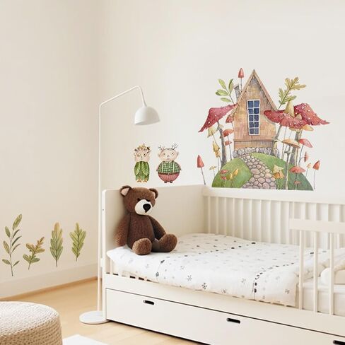Watercolor Large Mushroom House Wall Decals Peel and Stick, Transparent PVC Rabbits Wall Stickers for Girls Bedroom Playroom Kids Room, Flower Wall Decal Decor in Saudi Arabia