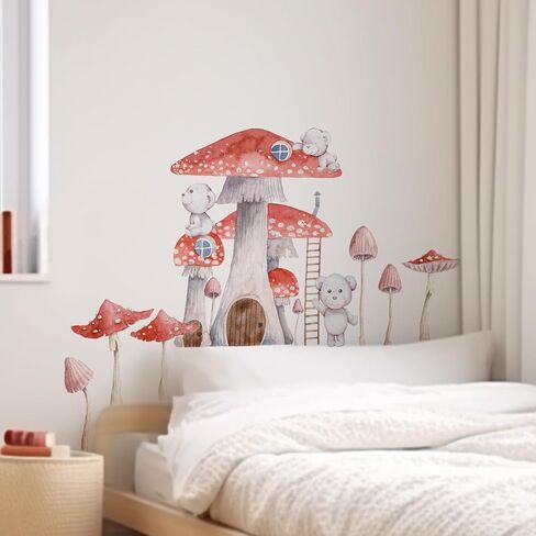 Watercolor Large Mushroom House Wall Decals Peel and Stick, Transparent PVC Rabbits Wall Stickers for Girls Bedroom Playroom Kids Room, Flower Wall Decal Decor in Saudi Arabia