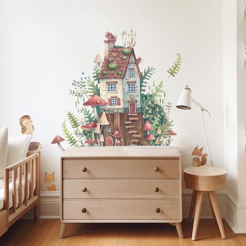 Watercolor Large Mushroom House Wall Decals Peel and Stick, Transparent PVC Rabbits Wall Stickers for Girls Bedroom Playroom Kids Room, Flower Wall Decal Decor in Kuwait