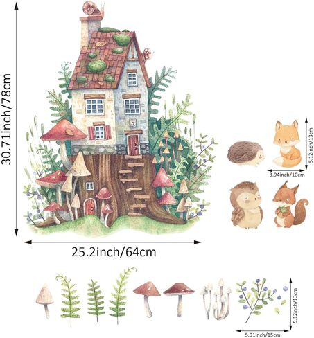 Watercolor Large Mushroom House Wall Decals Peel and Stick, Transparent PVC Rabbits Wall Stickers for Girls Bedroom Playroom Kids Room, Flower Wall Decal Decor in Kuwait