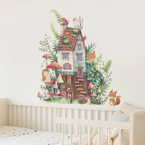 Watercolor Large Mushroom House Wall Decals Peel and Stick, Transparent PVC Rabbits Wall Stickers for Girls Bedroom Playroom Kids Room, Flower Wall Decal Decor in Kuwait