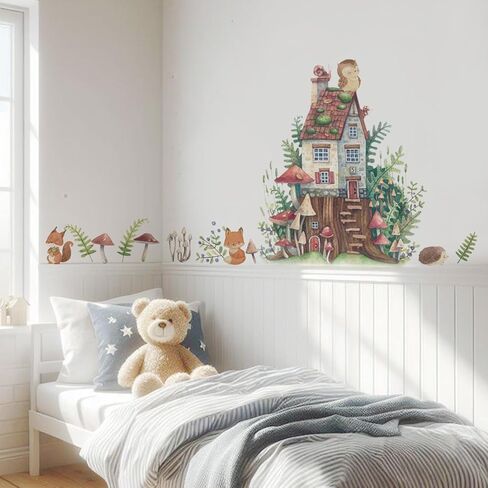 Watercolor Large Mushroom House Wall Decals Peel and Stick, Transparent PVC Rabbits Wall Stickers for Girls Bedroom Playroom Kids Room, Flower Wall Decal Decor in Kuwait