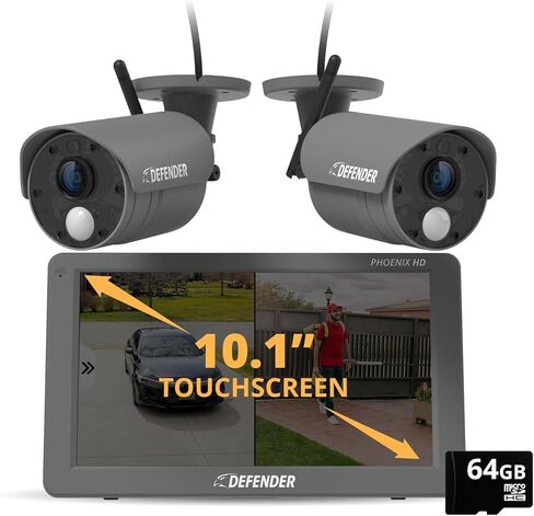 Defender Phoenix HD Wireless Security Camera System with 10.1" Touchscreen Monitor, 1 HD Outdoor Security Camera, No WiFi Required, Includes 128GB SD Card, Extra 15ft Extension Cable & 2 Year Warranty in Saudi Arabia