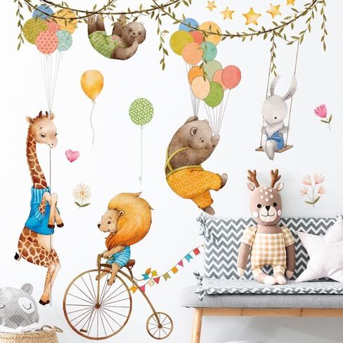 Circus Animals Mural Wall Decal Stickers, Circus Lion Kids Wall Decor, Circus Balloons Baby Room Wall Decal, Sloth Giraffe Bunny Rabbit Bear Riding Bicycle Circus for Nursery Playroom Daycare in Saudi Arabia