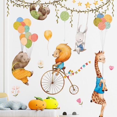 Circus Animals Mural Wall Decal Stickers, Circus Lion Kids Wall Decor, Circus Balloons Baby Room Wall Decal, Sloth Giraffe Bunny Rabbit Bear Riding Bicycle Circus for Nursery Playroom Daycare in Saudi Arabia