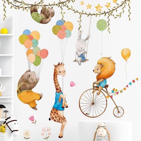 Circus Animals Mural Wall Decal Stickers, Circus Lion Kids Wall Decor, Circus Balloons Baby Room Wall Decal, Sloth Giraffe Bunny Rabbit Bear Riding Bicycle Circus for Nursery Playroom Daycare in Saudi Arabia