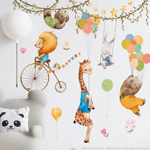 Circus Animals Mural Wall Decal Stickers, Circus Lion Kids Wall Decor, Circus Balloons Baby Room Wall Decal, Sloth Giraffe Bunny Rabbit Bear Riding Bicycle Circus for Nursery Playroom Daycare in Saudi Arabia