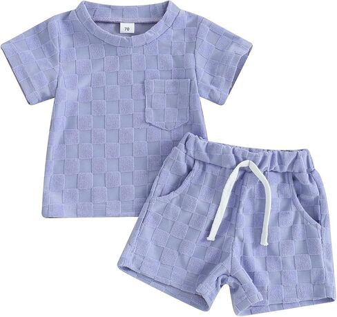 Unisex Toddler Baby Boy Girl Summer Clothes Short Sleeve T-Shirt+Shorts Checkerboard Two Piece Solid Outfit Set in Kuwait