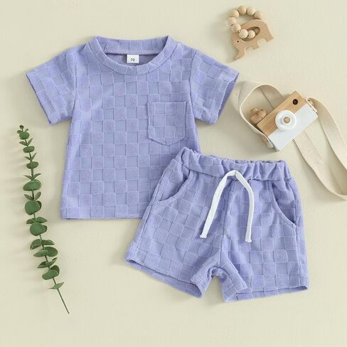 Unisex Toddler Baby Boy Girl Summer Clothes Short Sleeve T-Shirt+Shorts Checkerboard Two Piece Solid Outfit Set in Kuwait