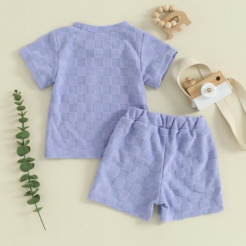 Unisex Toddler Baby Boy Girl Summer Clothes Short Sleeve T-Shirt+Shorts Checkerboard Two Piece Solid Outfit Set in Kuwait