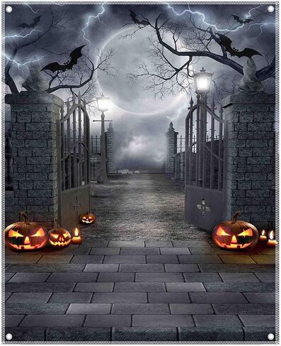 5x7ft Fabric Halloween Full Moon Night Backdrop Pumpkin Scary Graveyard Photography Background Spooky Party Decorations Banner Photo Booth Props in Kuwait